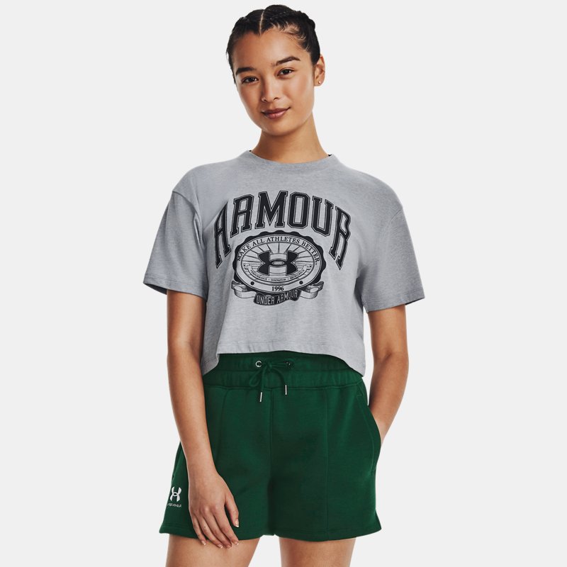 Camiseta de manga corta Under Armour Collegiate Crop para mujer Acero Light Heather / Negro / Negro XL